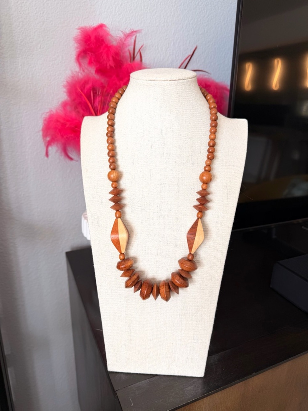 Hand Crafted Two-Tone Wooden Bead Necklace - Brown & Tan - Picture 6 of 6